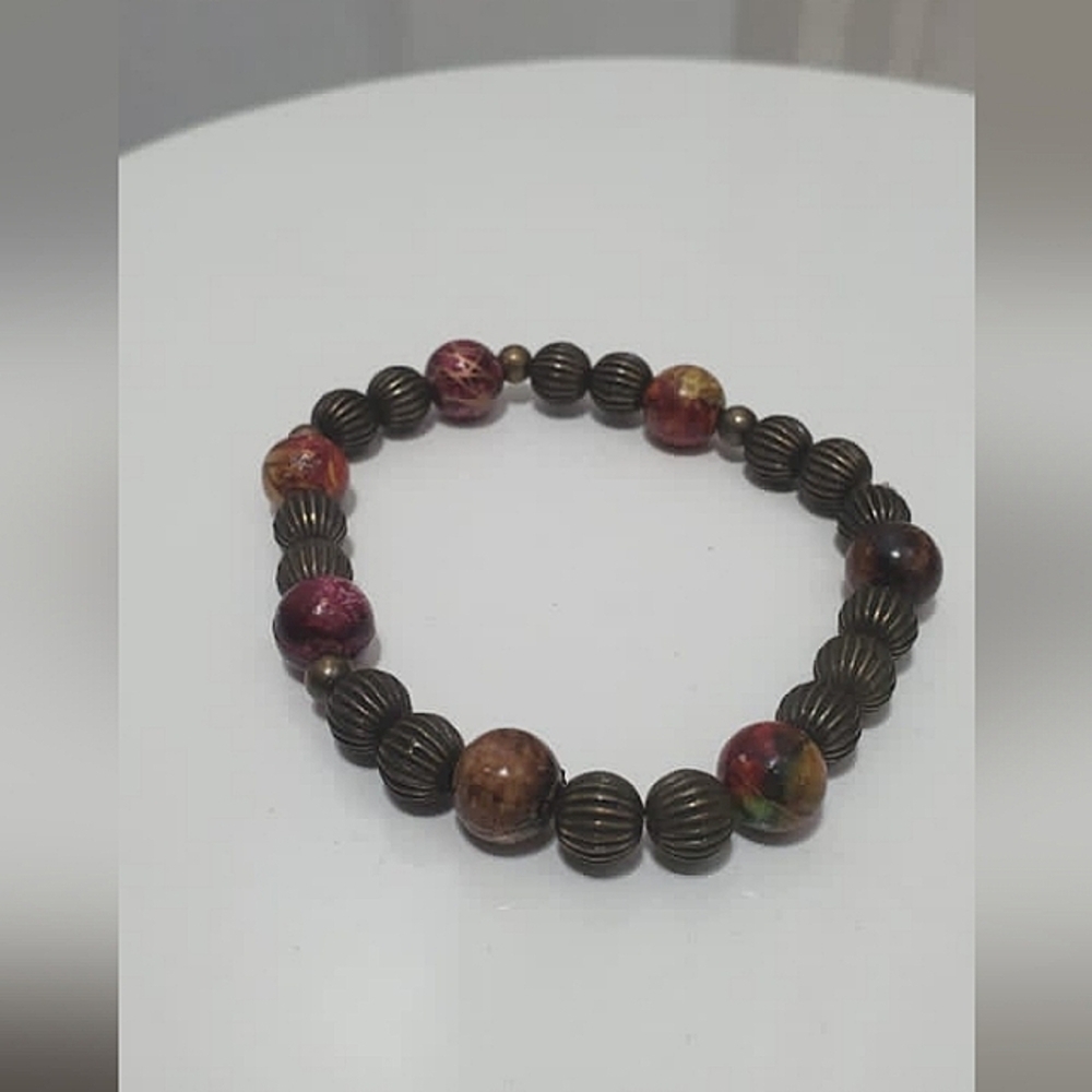 Natural Red And Black Stone Bead Elastic Bracelet Round Beads, Women Jewelry.🌴